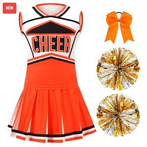 Cheerleader Costume Set with Top Skirt Pom Poms Bow Headband